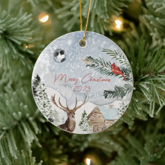 Traditionele besneeuwde winter wonderland hert kar keramisch ornament (Boom)