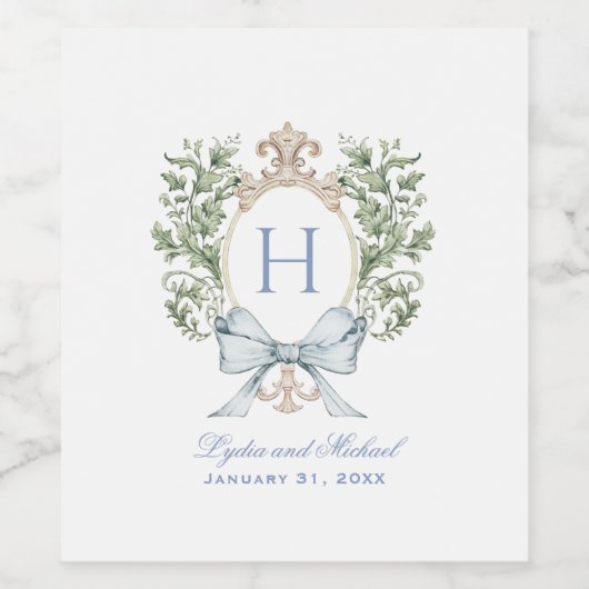 Traditionele bladkam w / boog | Monogram bruiloft Wijn Etiket (Enkel label)