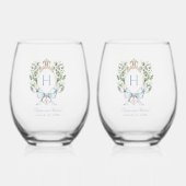 Traditionele bladkam w / boog | Monogram bruiloft Wijnglas Zonder Voet (Voorkant)