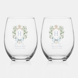 Traditionele bladkam w / boog | Monogram bruiloft Wijnglas Zonder Voet