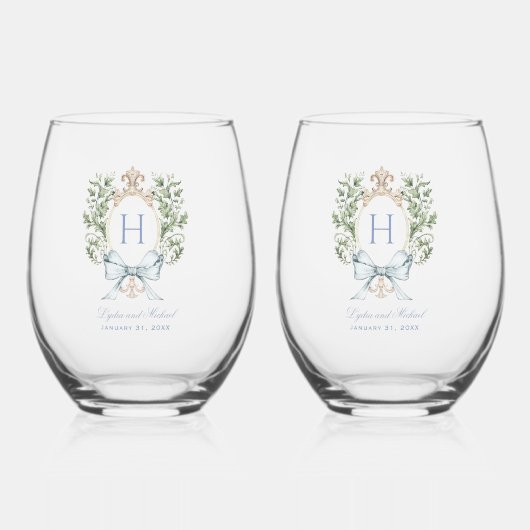 Traditionele bladkam w / boog | Monogram bruiloft Wijnglas Zonder Voet (Voorkant)