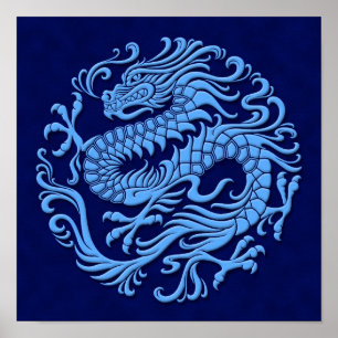 Traditionele blauwe Chinese drakencirkel Poster