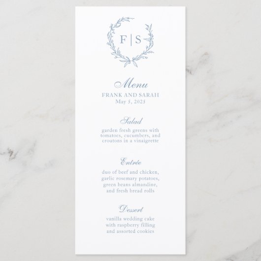 Traditionele Blauwe Krans Monogram Menu (Voorkant)