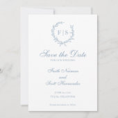 Traditionele blauwe monogram krans Save the Date (Voorkant)