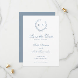 Traditionele blauwe monogram krans save the date