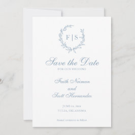 Traditionele blauwe monogram-wreath save-the-date save the date