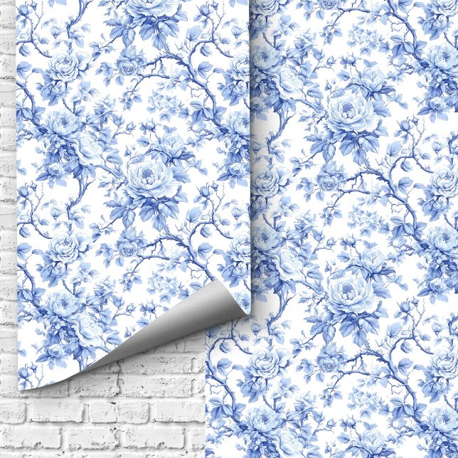 Traditionele blauwe toile-rozen bloemige behang (Traditional Blue Toile Roses Floral Wallpaper Design)