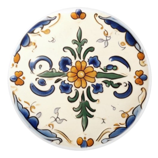 Traditionele Bloem Mediterraan Blauw Cream Bloemen Keramische Knop (Voorkant)