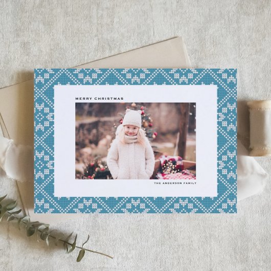 Traditionele Blue Fair Isle Knit Kerstfoto Feestdagen Kaart