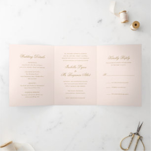 Traditionele Blush Roze Formele Elegante Trouw Drieluik Uitnodiging
