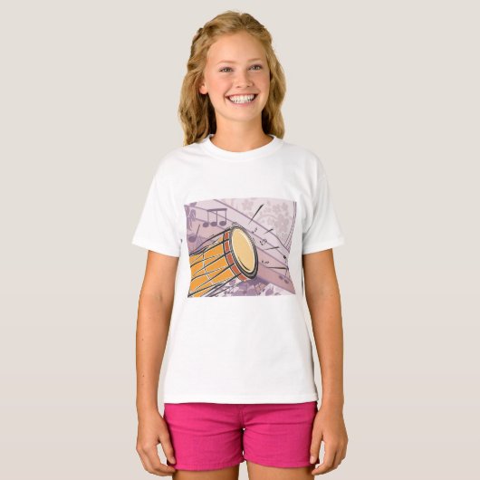 Traditionele Bongo Drum met Muzieknoten T-shirt (Voorkant volledig)