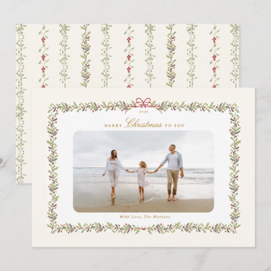 Traditionele boog kerst botanische foto lijst feestdagenkaart (Voorkant / Achterkant)