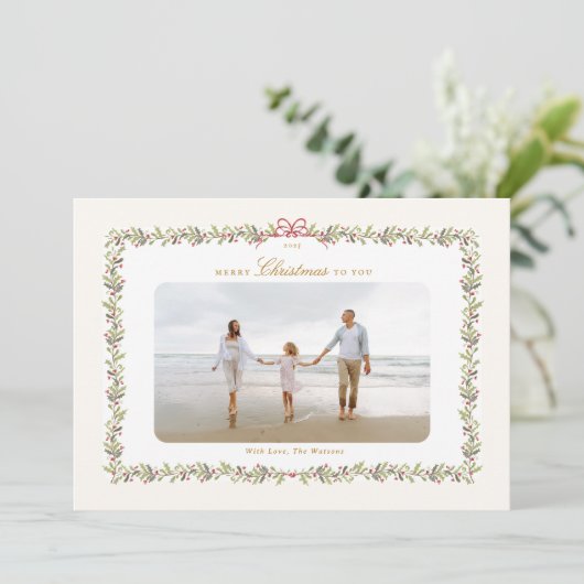 Traditionele boog kerst botanische foto lijst feestdagenkaart (Staand voorkant)