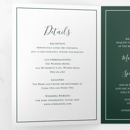 Traditionele bosgroene elegante bruiloft drieluik uitnodiging (Binnenzijde eerst)