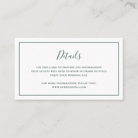 Traditionele bosgroene elegante bruiloft informatiekaartje (Voorkant)