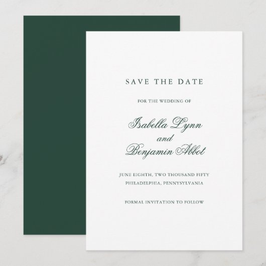 Traditionele bosgroene formele elegante trouw save the date (Voorkant / Achterkant)