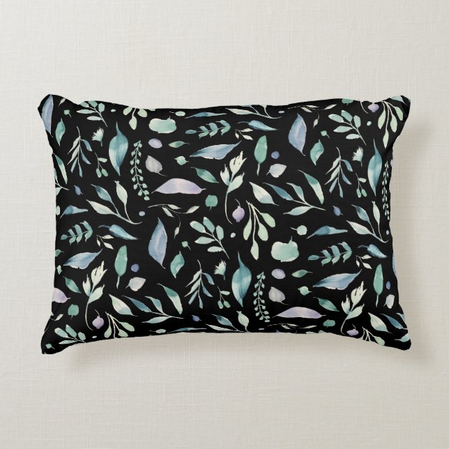 Traditionele Botanische Blad Patroon Blues op Zwar Accent Kussen (Voorkant)