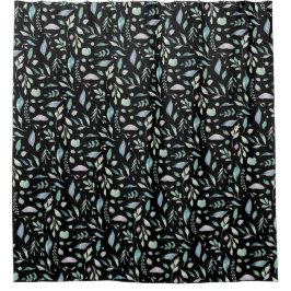 Traditionele Botanische Blad Patroon Blues op Zwar Douchegordijn