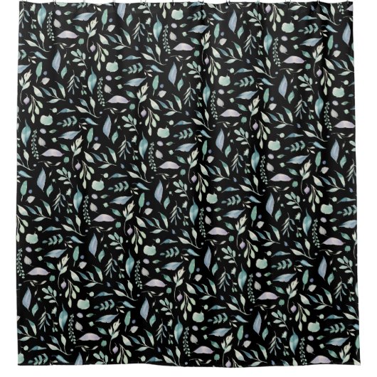 Traditionele Botanische Blad Patroon Blues op Zwar Douchegordijn (Voorkant)