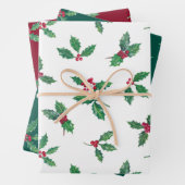 Traditionele Botanische Kerst Holly Branches Inpakpapier Vel (In situ)