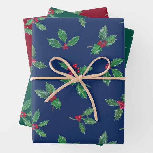 Traditionele Botanische Kerst Holly Branches Inpakpapier Vel (In situ)