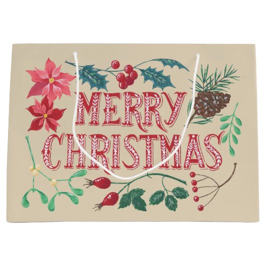 Traditionele Botanische Kerstmis (beige) Large Cadeautasje (Voorkant)