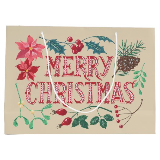 Traditionele Botanische Kerstmis (beige) Large Cadeautasje (Achterkant)