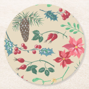 Traditionele Botanische Kerstmis (beige) Ronde Kartonnen Onderzetter