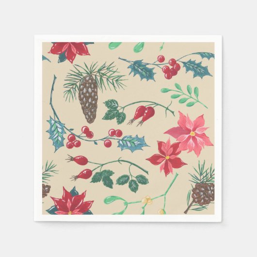Traditionele Botanische Kerstmis (beige) Servetten (Voorkant)
