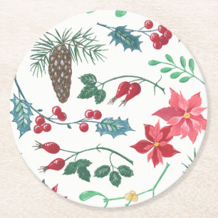 Traditionele Botanische Kerstmis (wit) Ronde Kartonnen Onderzetter
