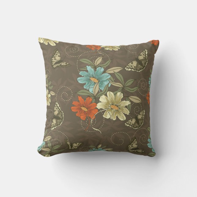 Traditionele Bruine Bloemen Vlinders Sierkussen (Voorkant)