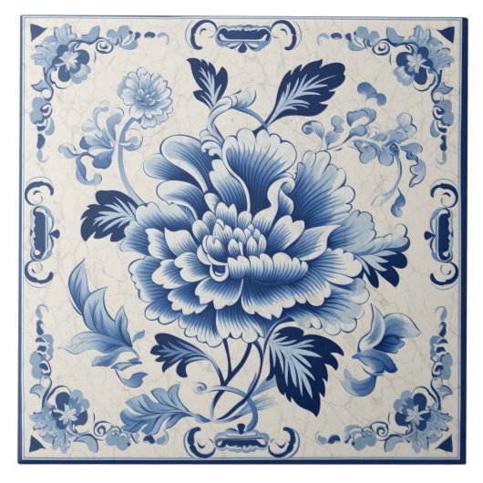 Traditionele China Blauwe Inkt Bloem Art 4 Tegeltje (Voorkant)