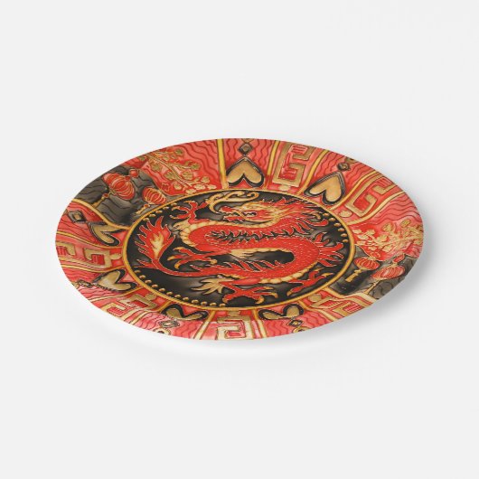 Traditionele Chinese draak rood goud Papieren Bordje (Gekanteld)