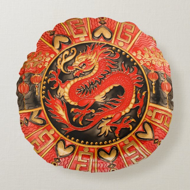 Traditionele Chinese draak rood goud Rond Kussen (Voorkant)