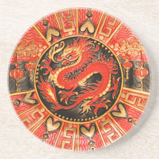 Traditionele Chinese draak rood goud Zandsteen Onderzetter (Voorkant)