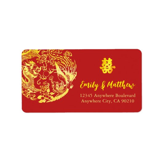 Traditionele Chinese Dragon Phoenix trouwadres Etiket (Voorkant)