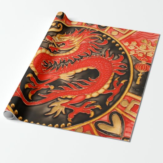 Traditionele Chinese Dragon Red Gold Decoupage Cadeaupapier (Uitgerold)