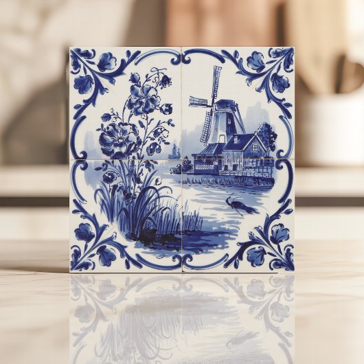 Traditionele Delfts Windmolen en Bloemen Tegeltje
