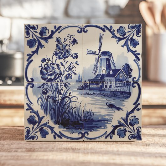 Traditionele Delfts Windmolen en Bloemen Tegeltje