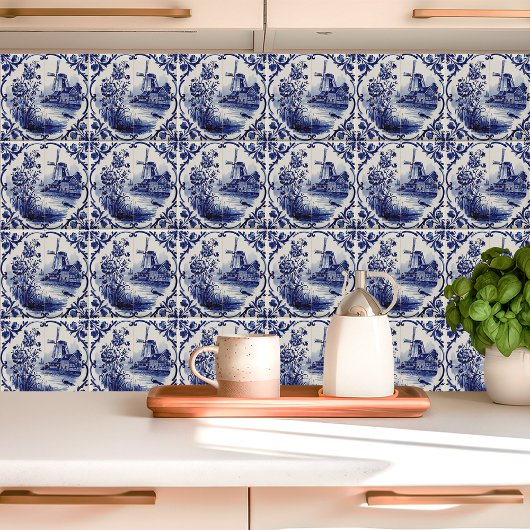 Traditionele Delfts Windmolen en Bloemen Tegeltje