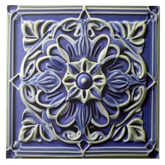 Traditionele donkere Indigo Blauwe Faux Relief Flo Tegeltje (Voorkant)