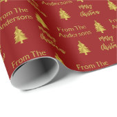 Traditionele donkerrode gouden vrolijke kerstbomen cadeaupapier (Rol Hoek)