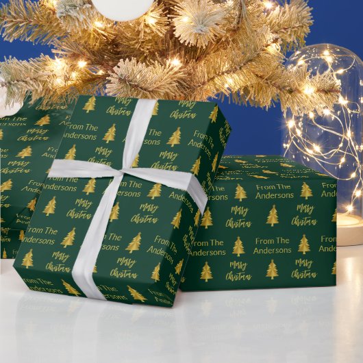 Traditionele donkerrode gouden vrolijke kerstbomen cadeaupapier (Feestdagen)