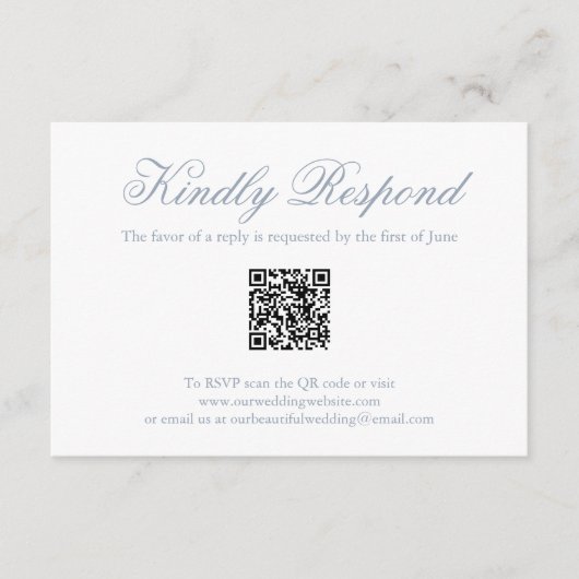 Traditionele Dusty Blue formele QR-code bruiloft RSVP Kaartje (Voorkant)