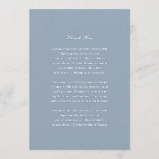 Traditionele Dusty Blue Timeless Wedding Menu (Achterkant)
