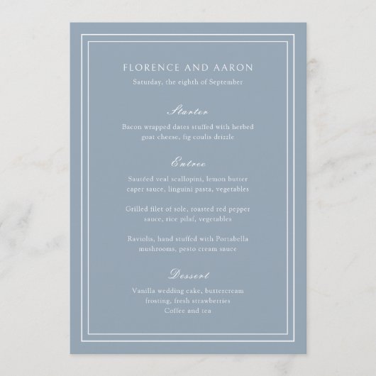 Traditionele Dusty Blue Timeless Wedding Menu (Voorkant)