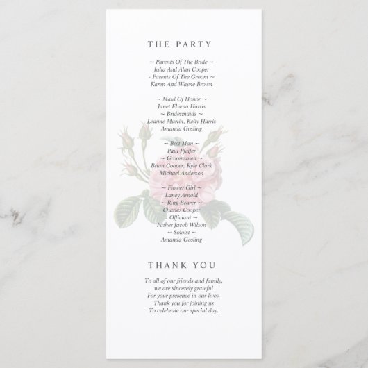 Traditionele eenzijdige Roos bruiloft Programmakaart (Achterkant)