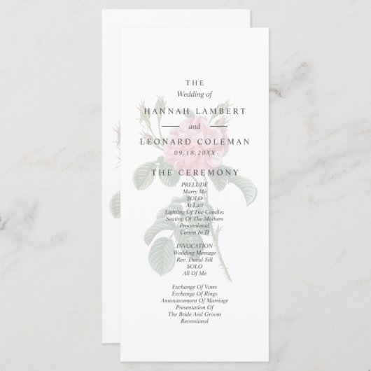 Traditionele eenzijdige Roos bruiloft Programmakaart (Voorkant / Achterkant)