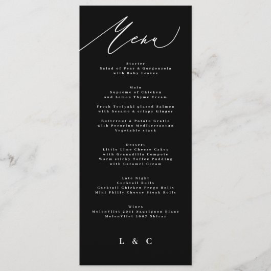 Traditionele Elegant Black White Calligrafie Menu (Voorkant)