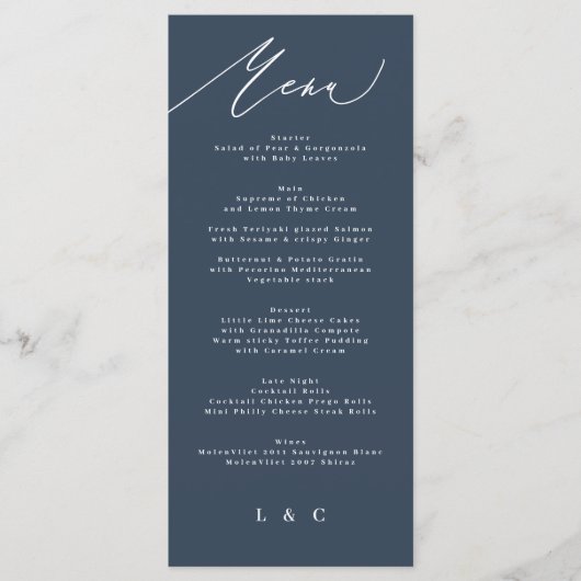 Traditionele Elegant Navy Blue Calligrafie Menu (Voorkant)